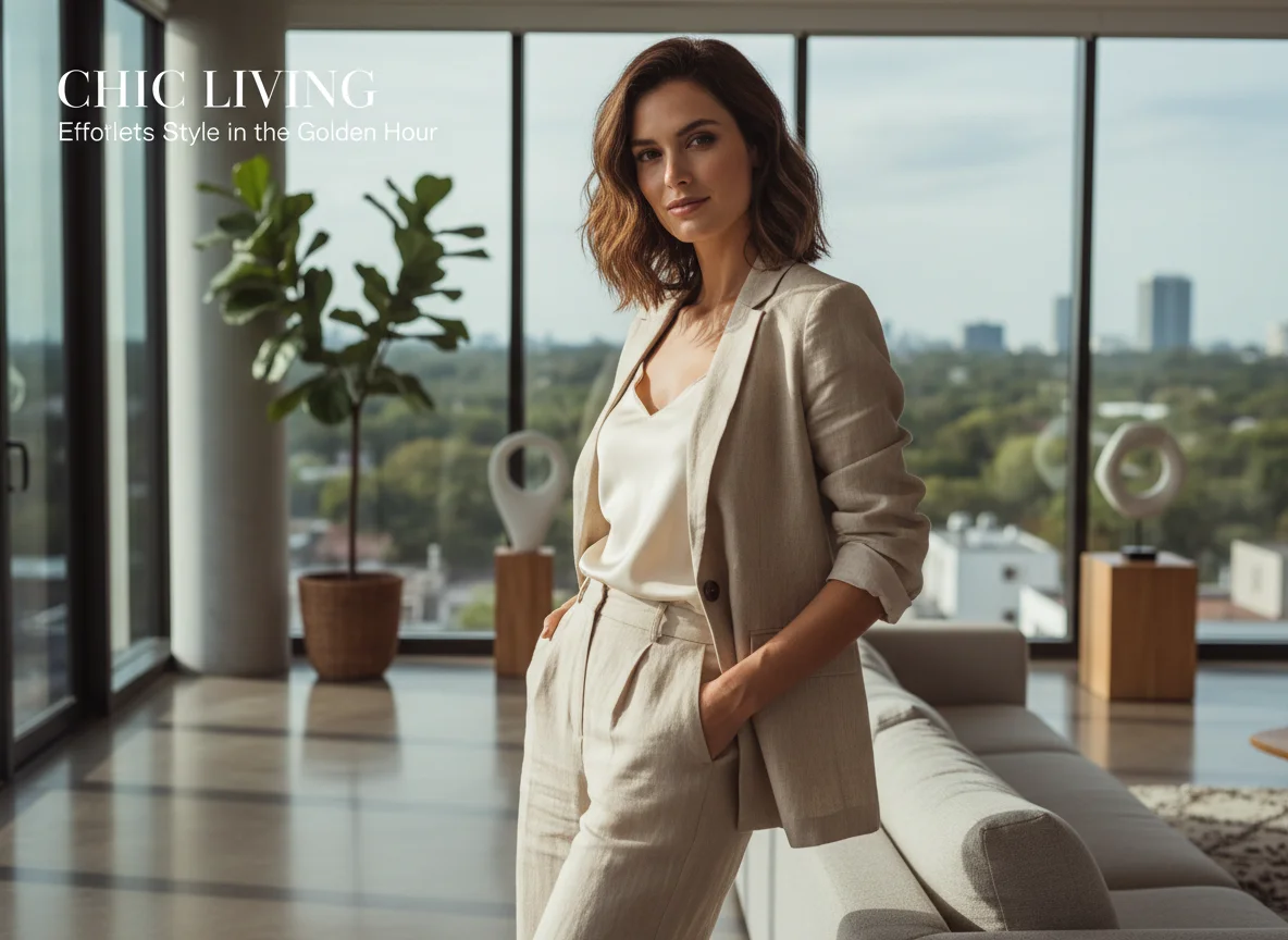 Fashion model in a beige linen blazer photographed in a sun-drenched lifestyle setting