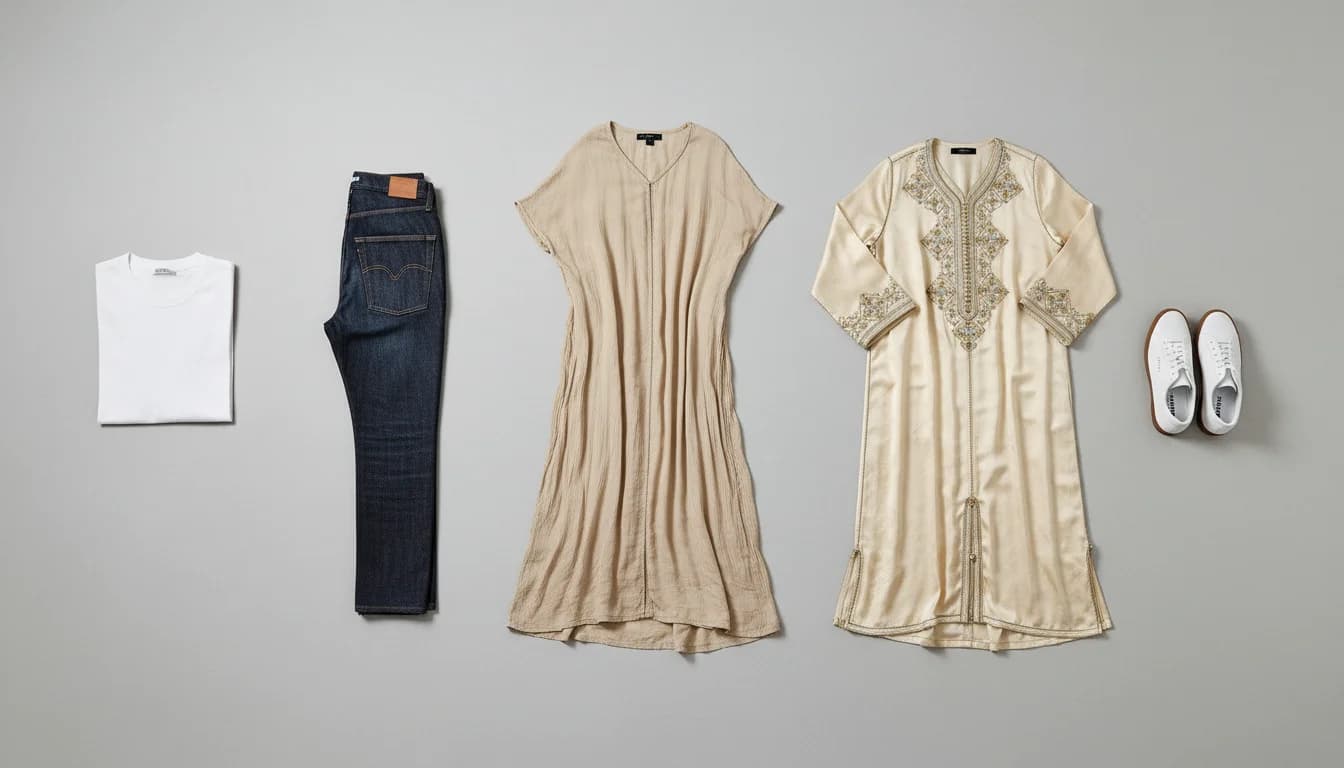 Flat-lay composition showing five garment categories: tops, pants, dress, kaftan, shoes