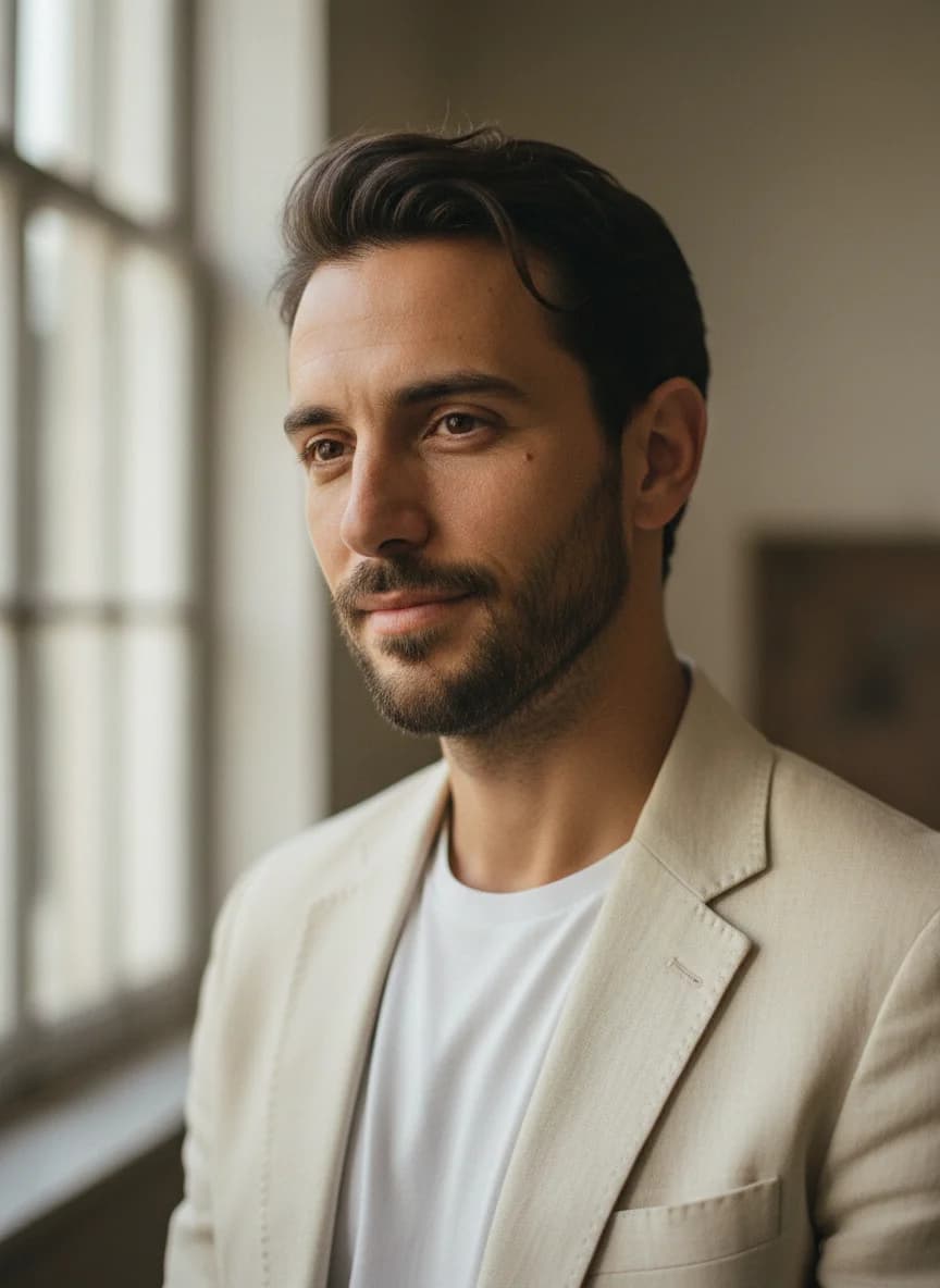 Editorial portrait of a fashion model wearing a tailored cream blazer
