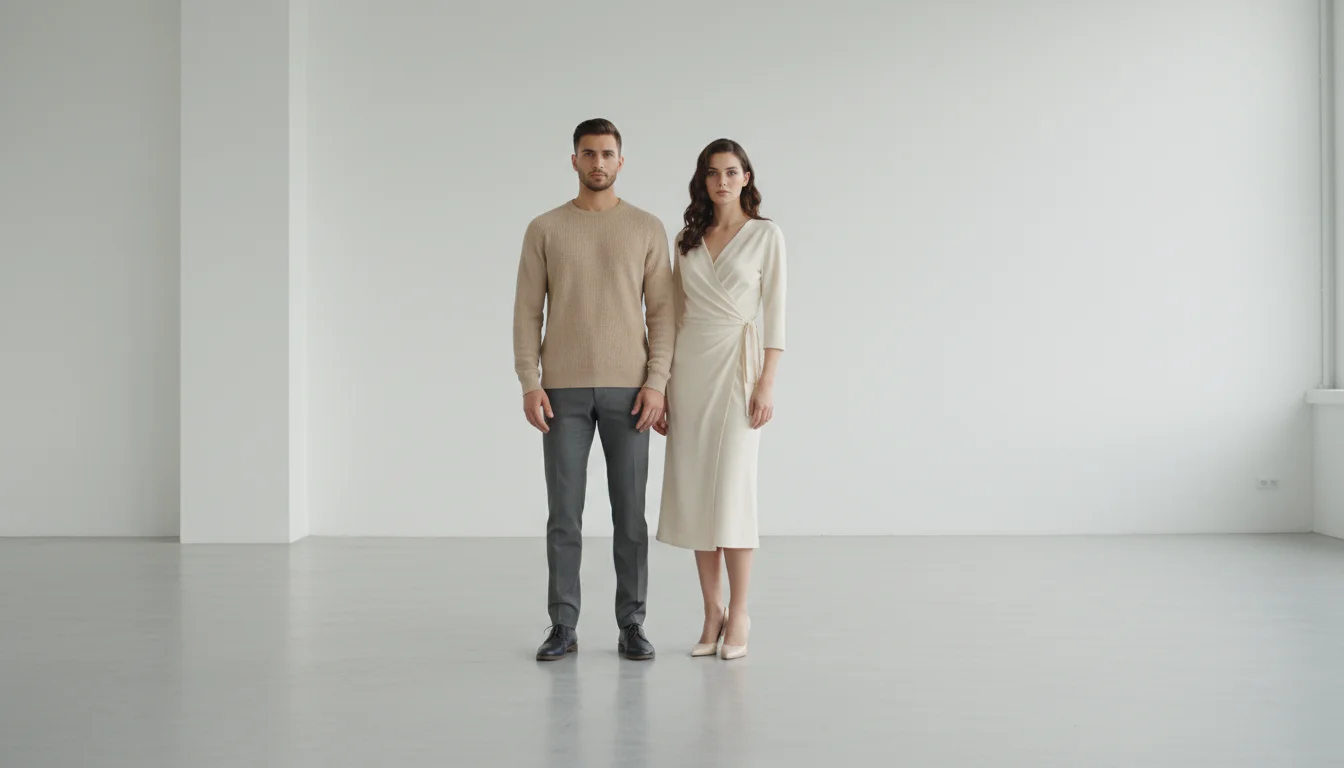 Male and female fashion models photographed together in a studio