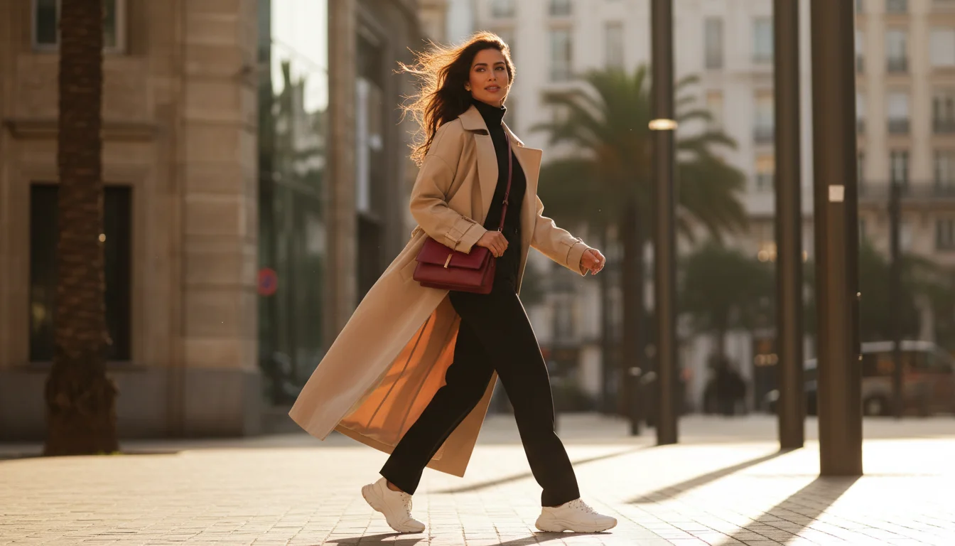 Fashion model walking down a sunlit urban street