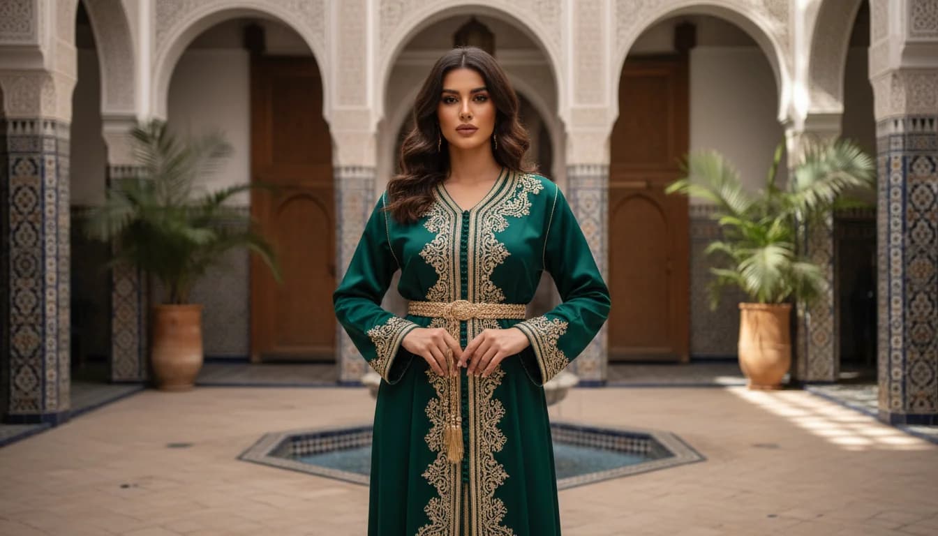Moroccan woman wearing an embroidered caftan inside a traditional Moroccan riad