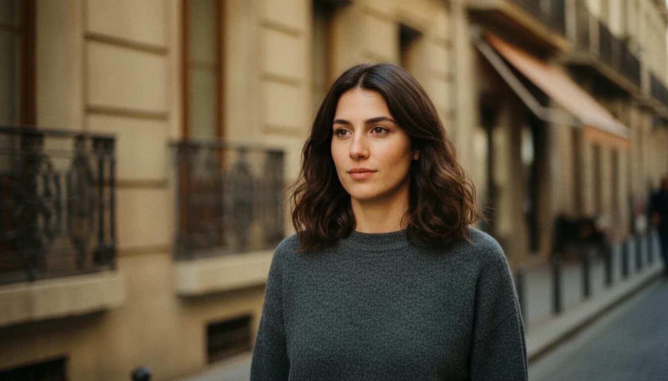 Model wearing the garment on a sunlit street